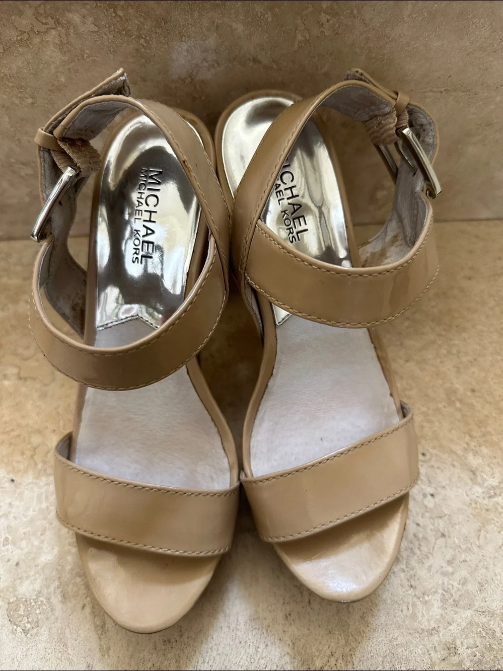 MICHAEL Michael Kors IVANA Nude Patent Leather Cork Platform Sandals - Size 7M